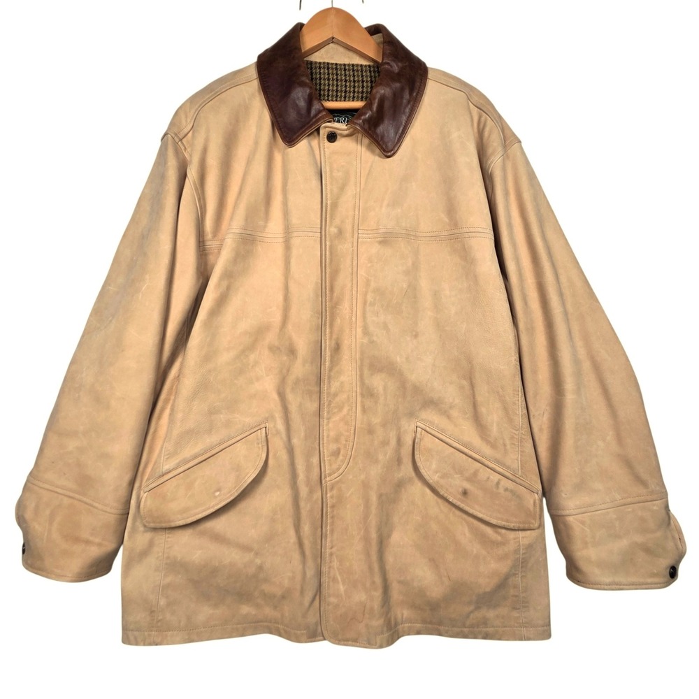 Vintage Overland Leather Barn Coat 44 Tan Nubuck Wool Lined Field Jacket USA